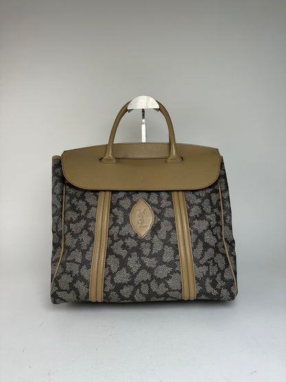 Vintage Yves Saint Laurent Leopard Coated Canvas Top-Handle Tote Black Camel