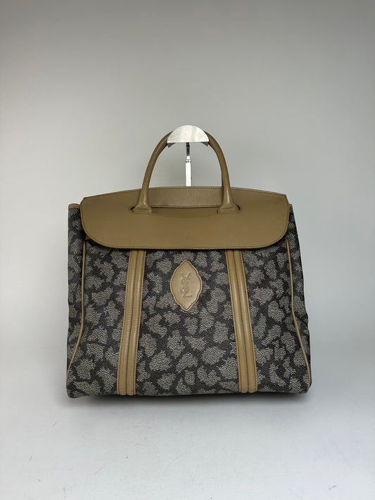 Vintage Yves Saint Laurent Leopard Coated Canvas Top-Handle Tote Black Camel