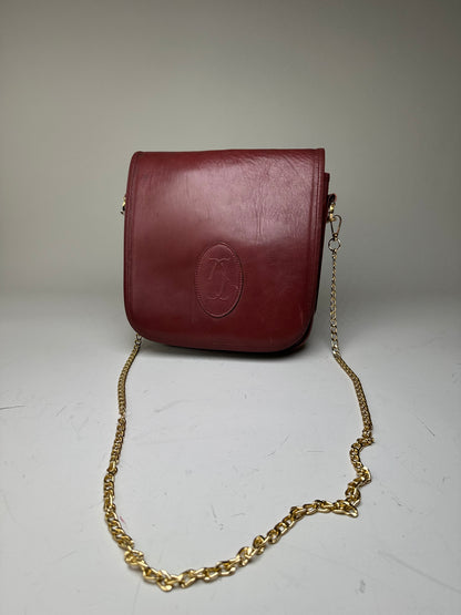 Vintage Cartier Leather Chain Shoulder Bag Burgundy Gold