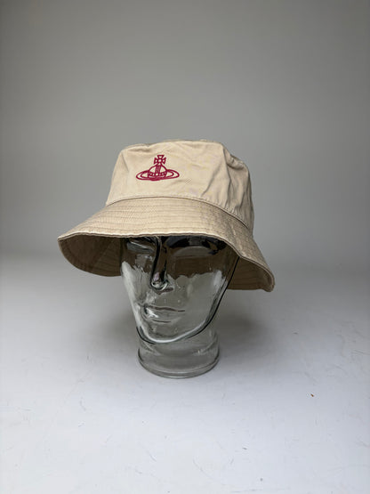 Vintage Vivienne Westwood Cotton Bucket Hat Beige Red Logo
