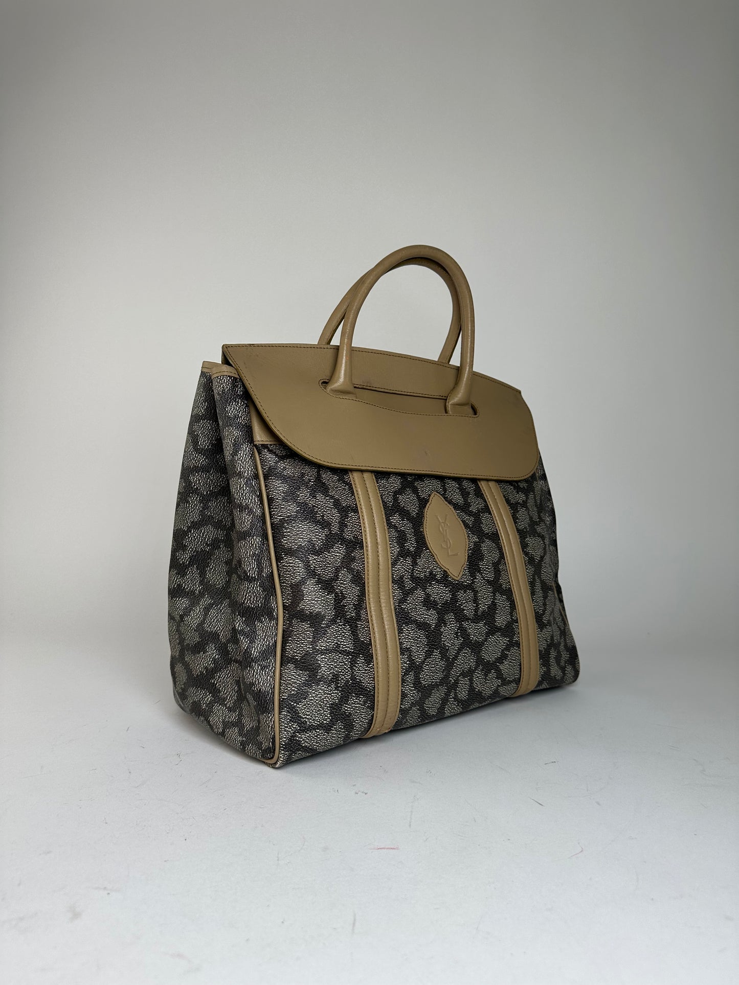 Vintage Yves Saint Laurent Leopard Coated Canvas Top-Handle Tote Black Camel
