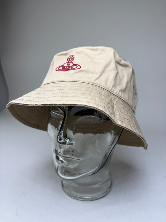 Vintage Vivienne Westwood Cotton Bucket Hat Beige Red Logo