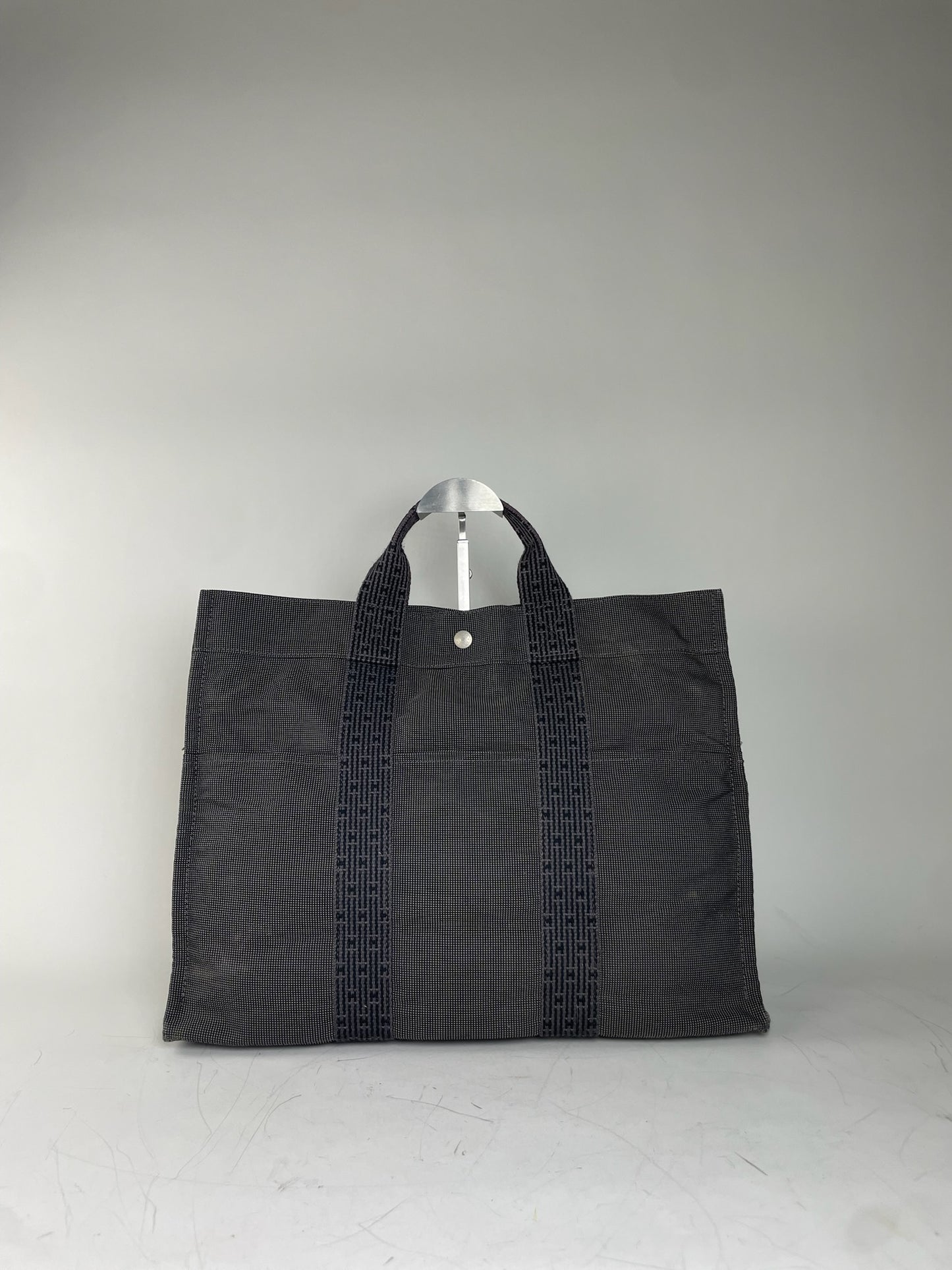 Vintage Hermes Canvas Tote Navy Grey Silver Snap Early 2000s