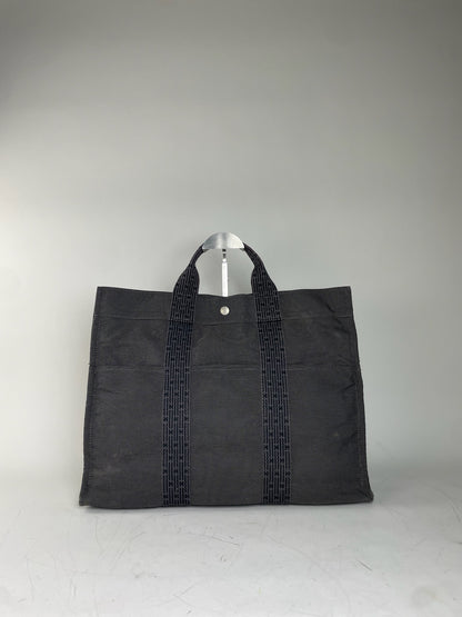 Vintage Hermes Canvas Tote Navy Grey Silver Snap Early 2000s