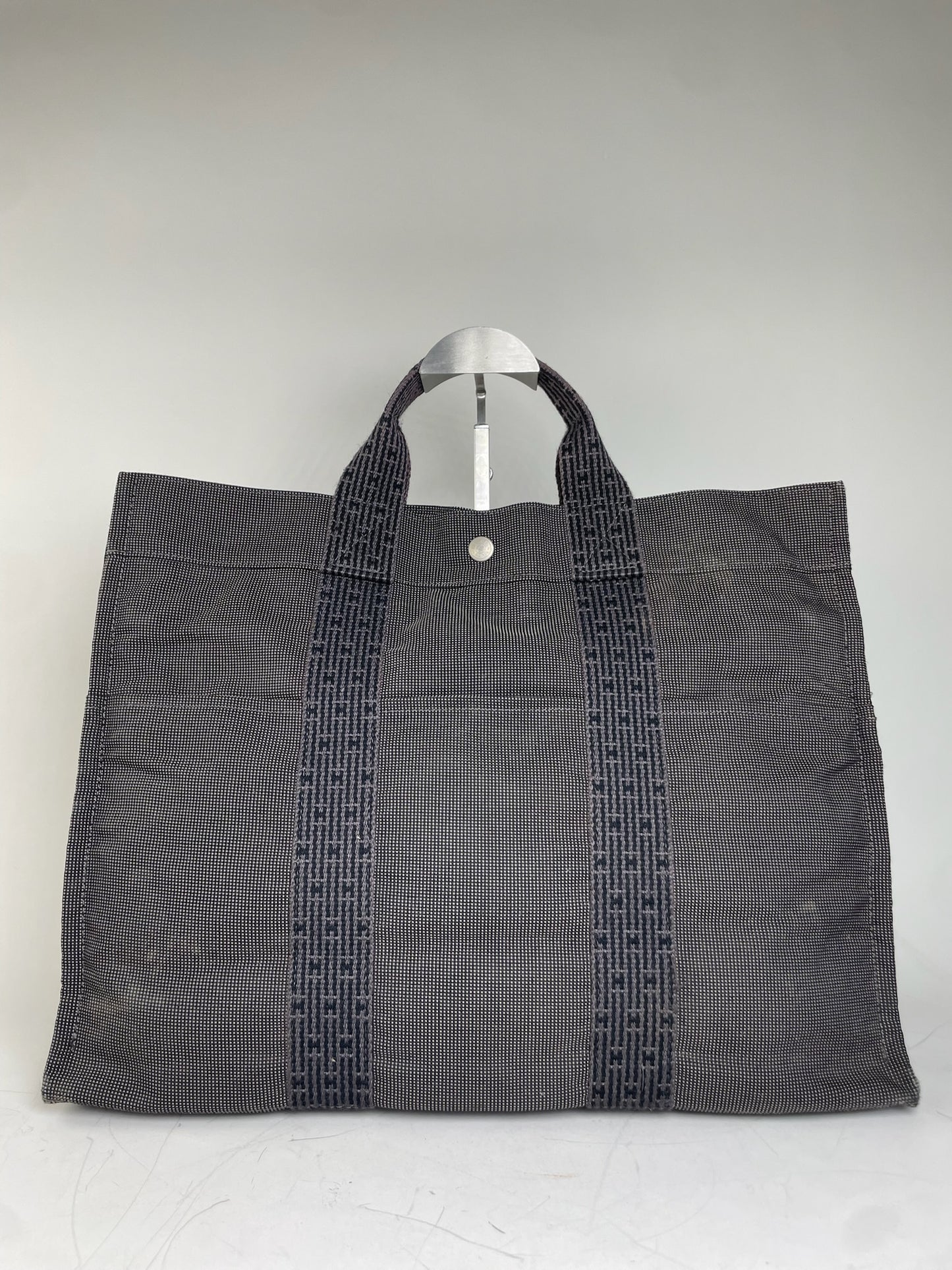 Vintage Hermes Canvas Tote Navy Grey Silver Snap Early 2000s
