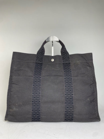 Vintage Hermes Canvas Tote Navy Grey Silver Snap Early 2000s