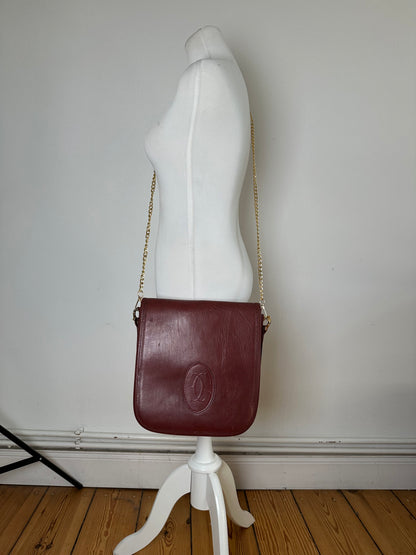 Vintage Cartier Leather Chain Shoulder Bag Burgundy Gold