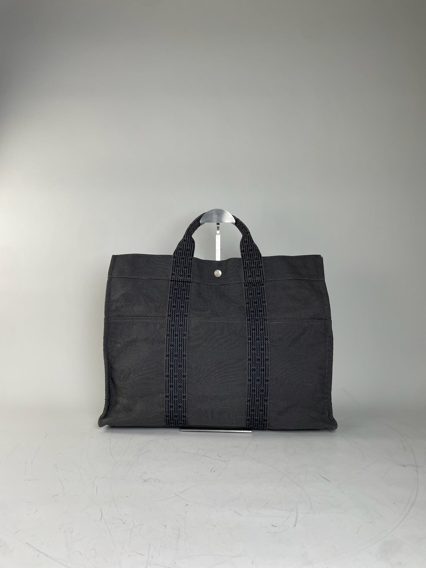 Vintage Hermes Canvas Tote Navy Grey Silver Snap Early 2000s