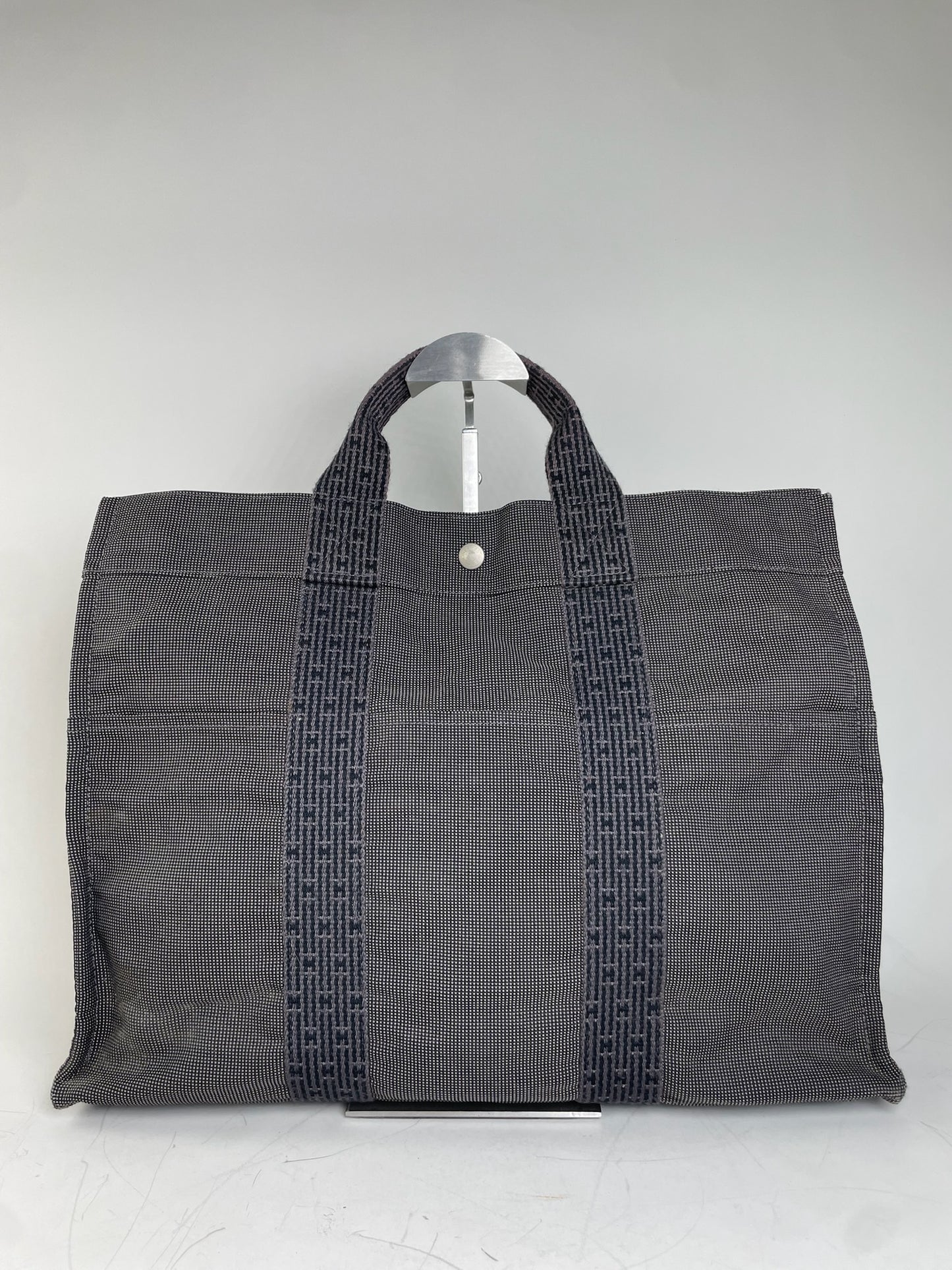 Vintage Hermes Canvas Tote Navy Grey Silver Snap Early 2000s