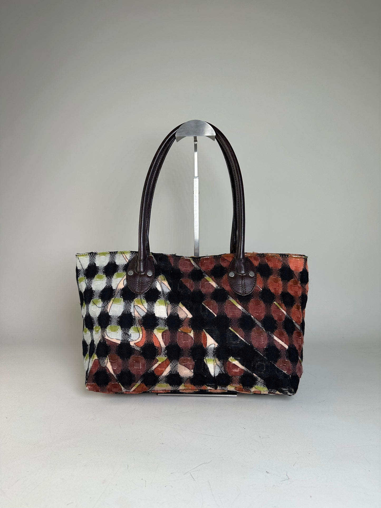 Vintage Pucci Woven Fabric Tote Black Rust Cream Olive