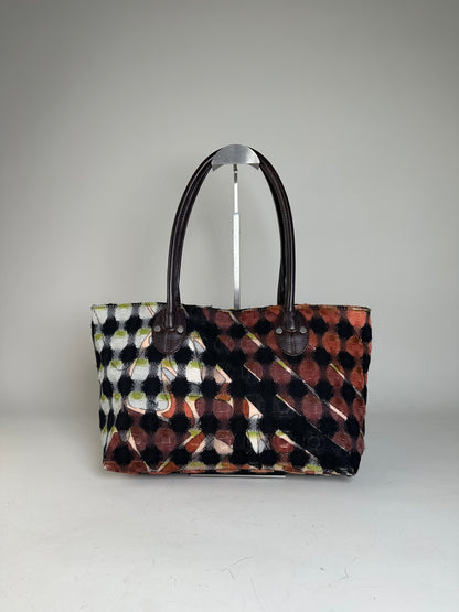 Vintage Pucci Woven Fabric Tote Black Rust Cream Olive