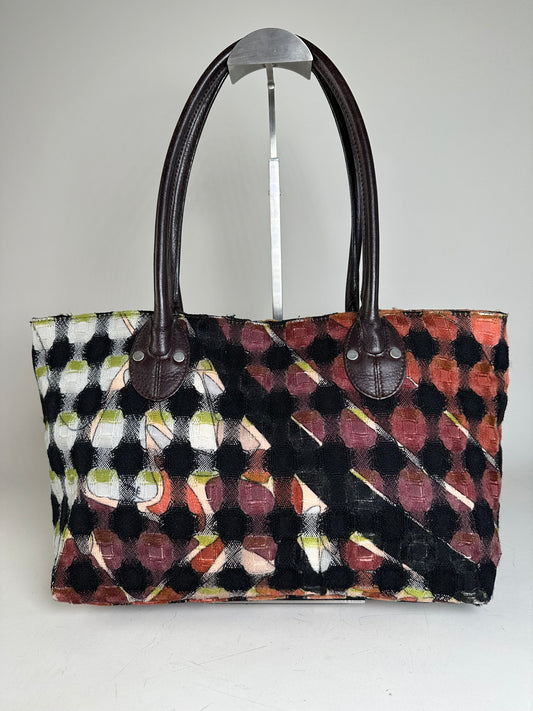 Vintage Pucci Woven Fabric Tote Black Rust Cream Olive