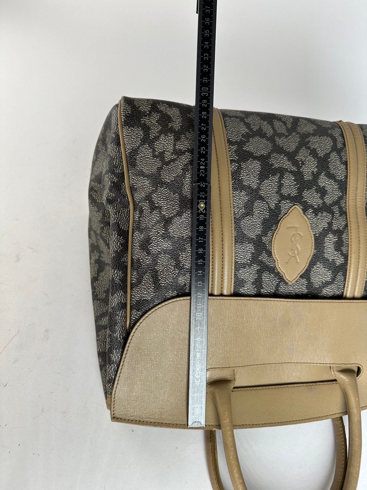 Vintage Yves Saint Laurent Leopard Coated Canvas Top-Handle Tote Black Camel