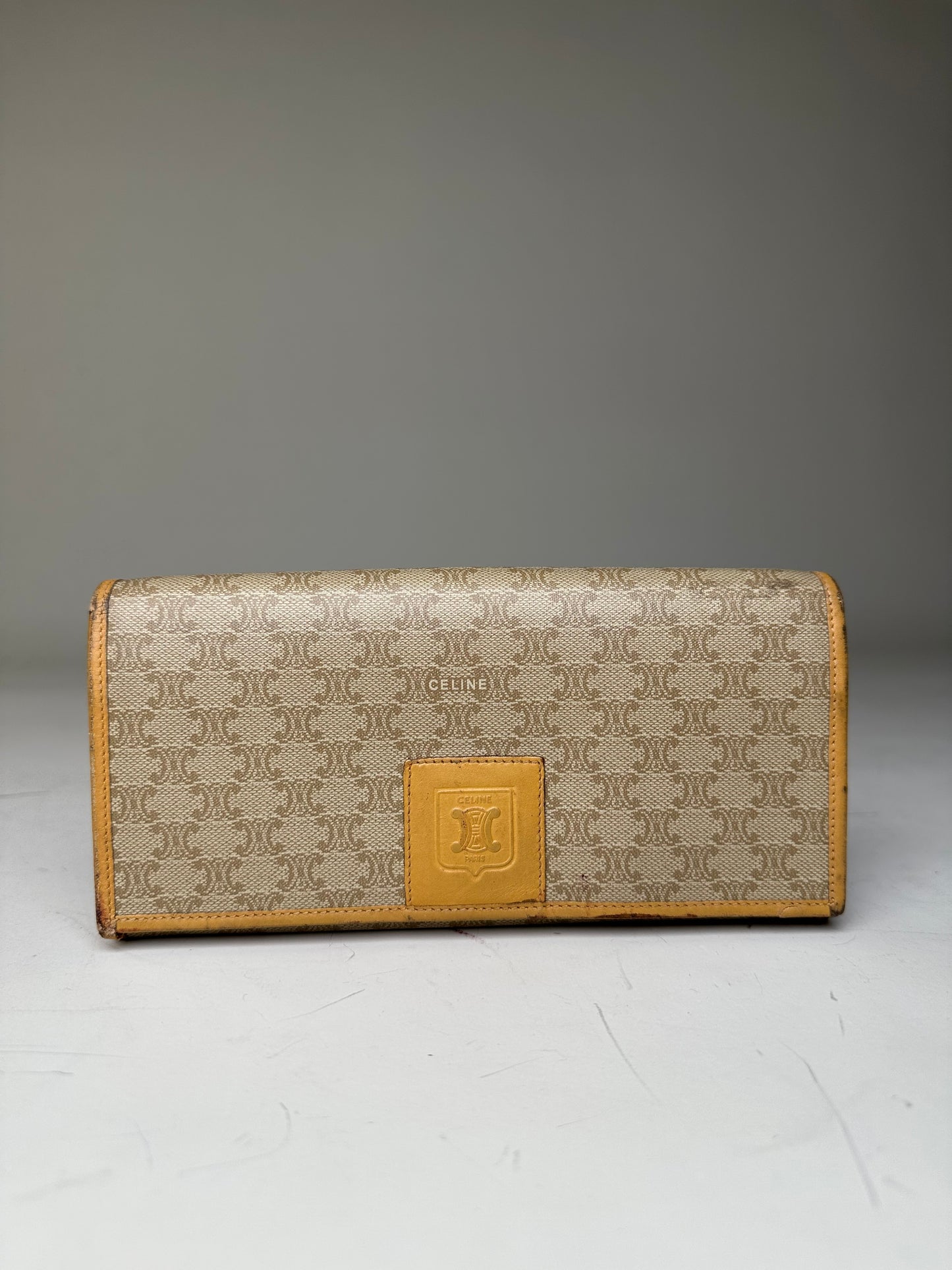 Vintage Celine Canvas Leather Trim Wallet Beige Yellow Gold