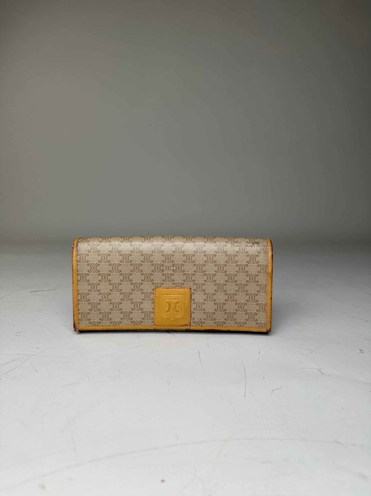 Vintage Celine Canvas Leather Trim Wallet Beige Yellow Gold