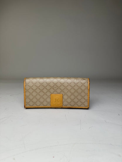 Vintage Celine Canvas Leather Trim Wallet Beige Yellow Gold