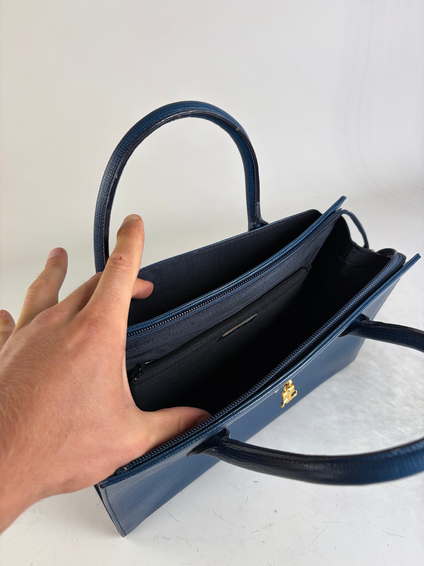 Vintage Courreges Structured Leather Handbag Blue Gold