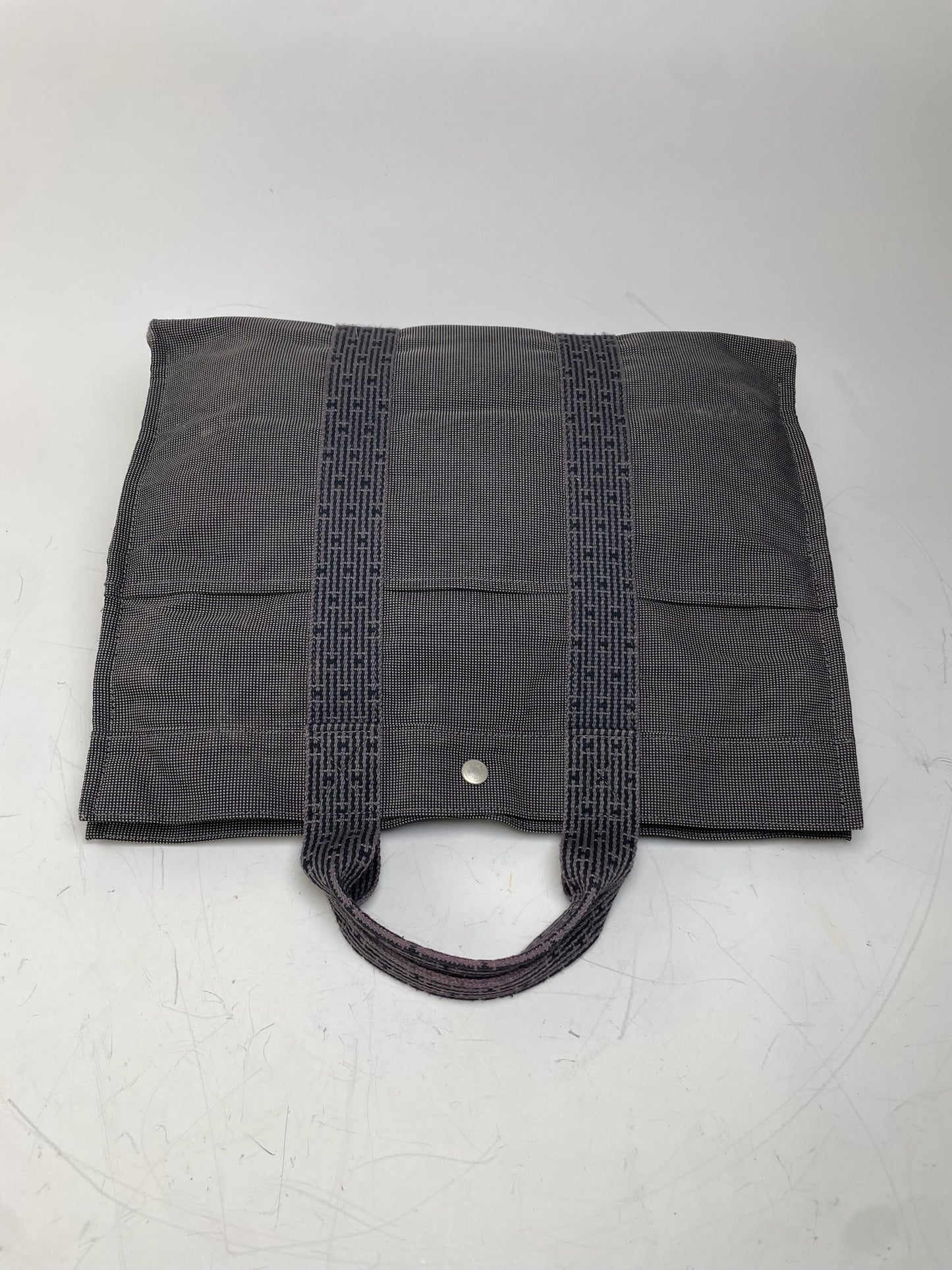 Vintage Hermes Canvas Tote Navy Grey Silver Snap Early 2000s
