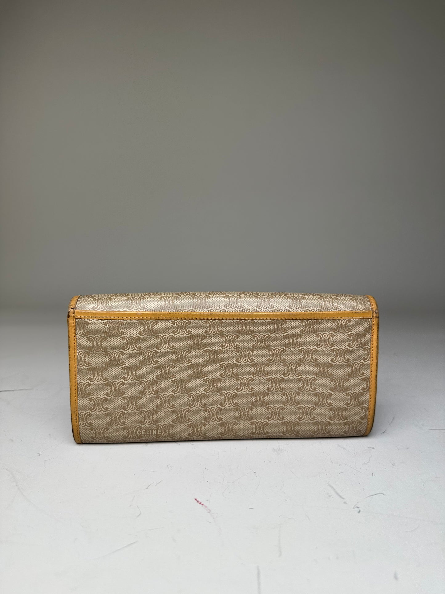 Vintage Celine Canvas Leather Trim Wallet Beige Yellow Gold