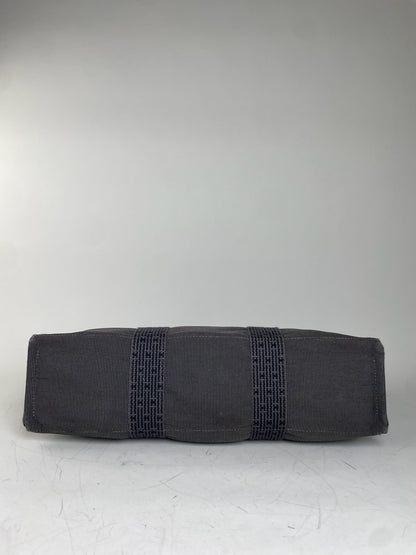 Vintage Hermes Canvas Tote Navy Grey Silver Snap Early 2000s