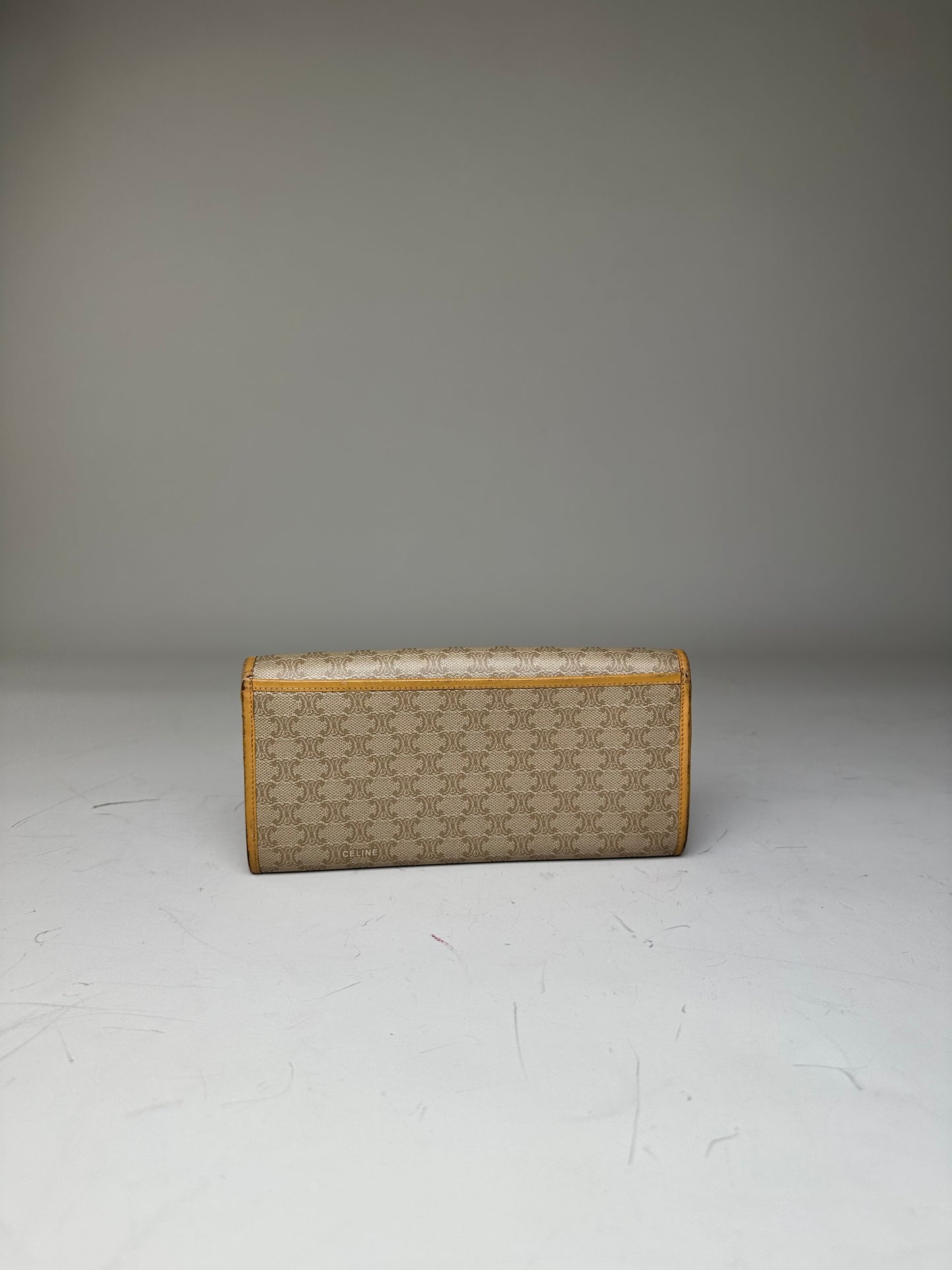 Vintage Celine Canvas Leather Trim Wallet Beige Yellow Gold