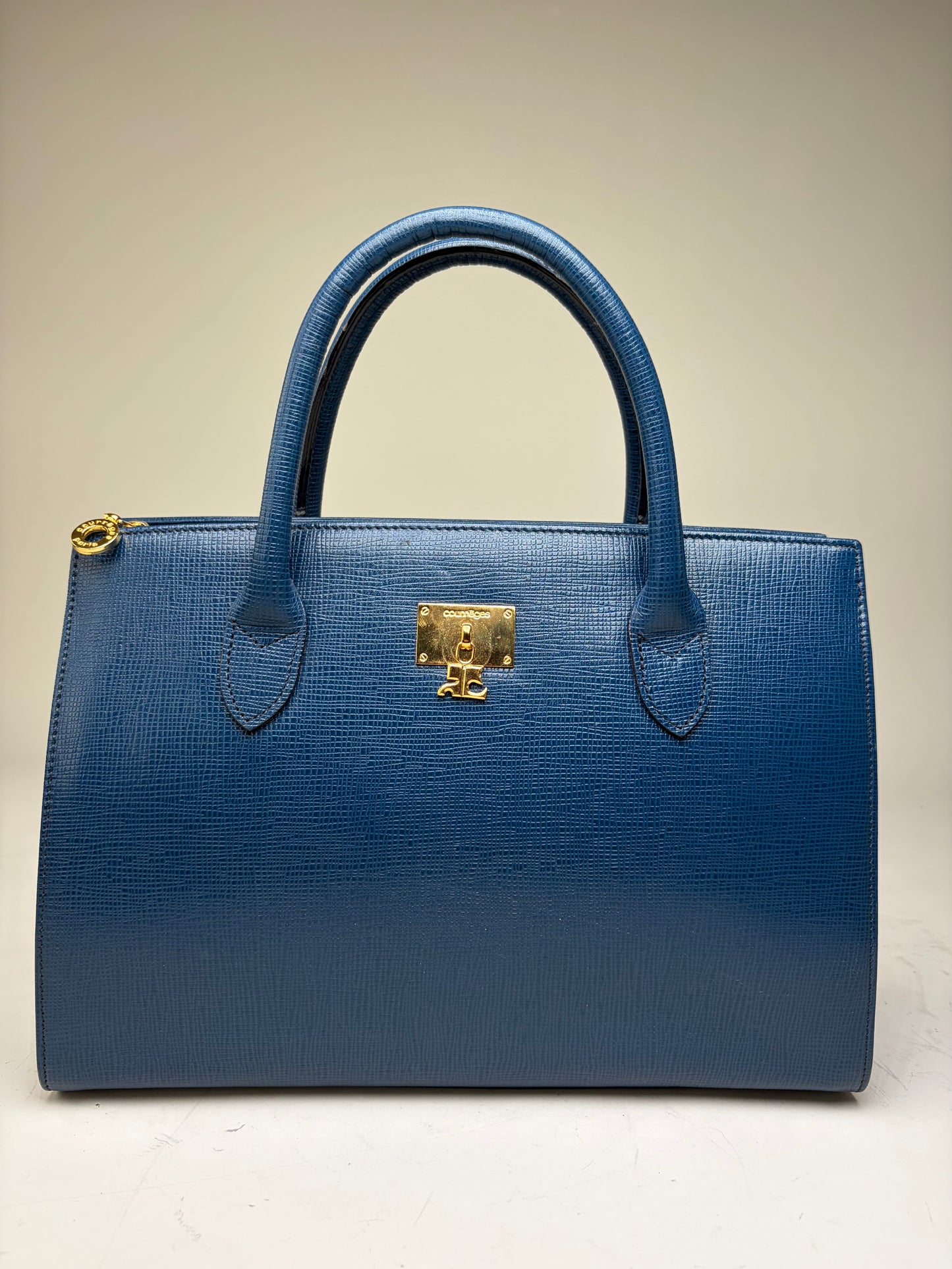 Vintage Courreges Structured Leather Handbag Blue Gold