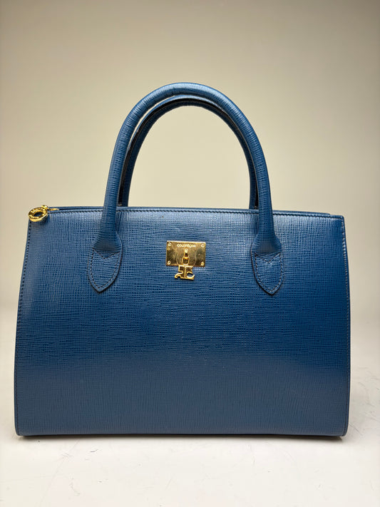 Vintage Courreges Structured Leather Handbag Blue Gold