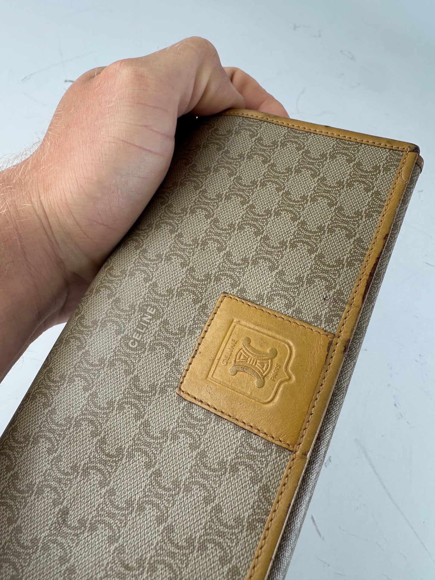 Vintage Celine Canvas Leather Trim Wallet Beige Yellow Gold