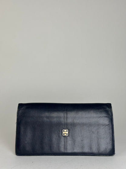 Vintage Givenchy Long Bifold Wallet Navy Leather