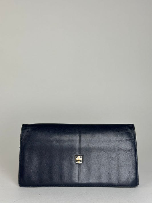 Vintage Givenchy Long Bifold Wallet Navy Leather