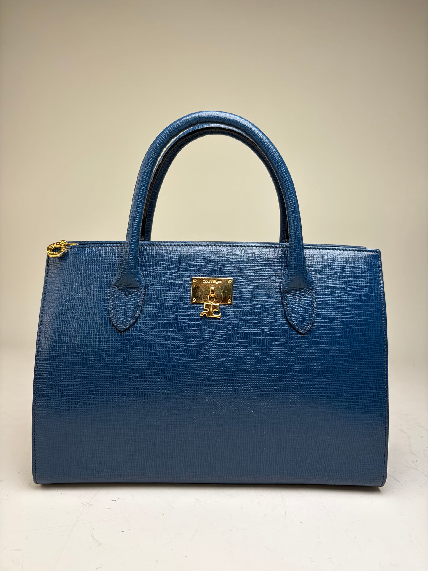 Vintage Courreges Structured Leather Handbag Blue Gold