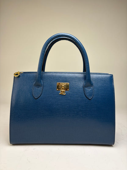 Vintage Courreges Structured Leather Handbag Blue Gold