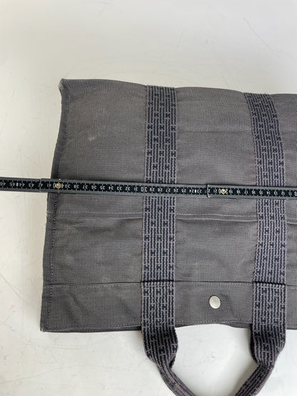 Vintage Hermes Canvas Tote Navy Grey Silver Snap Early 2000s