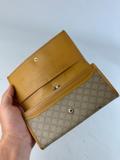 Vintage Celine Canvas Leather Trim Wallet Beige Yellow Gold