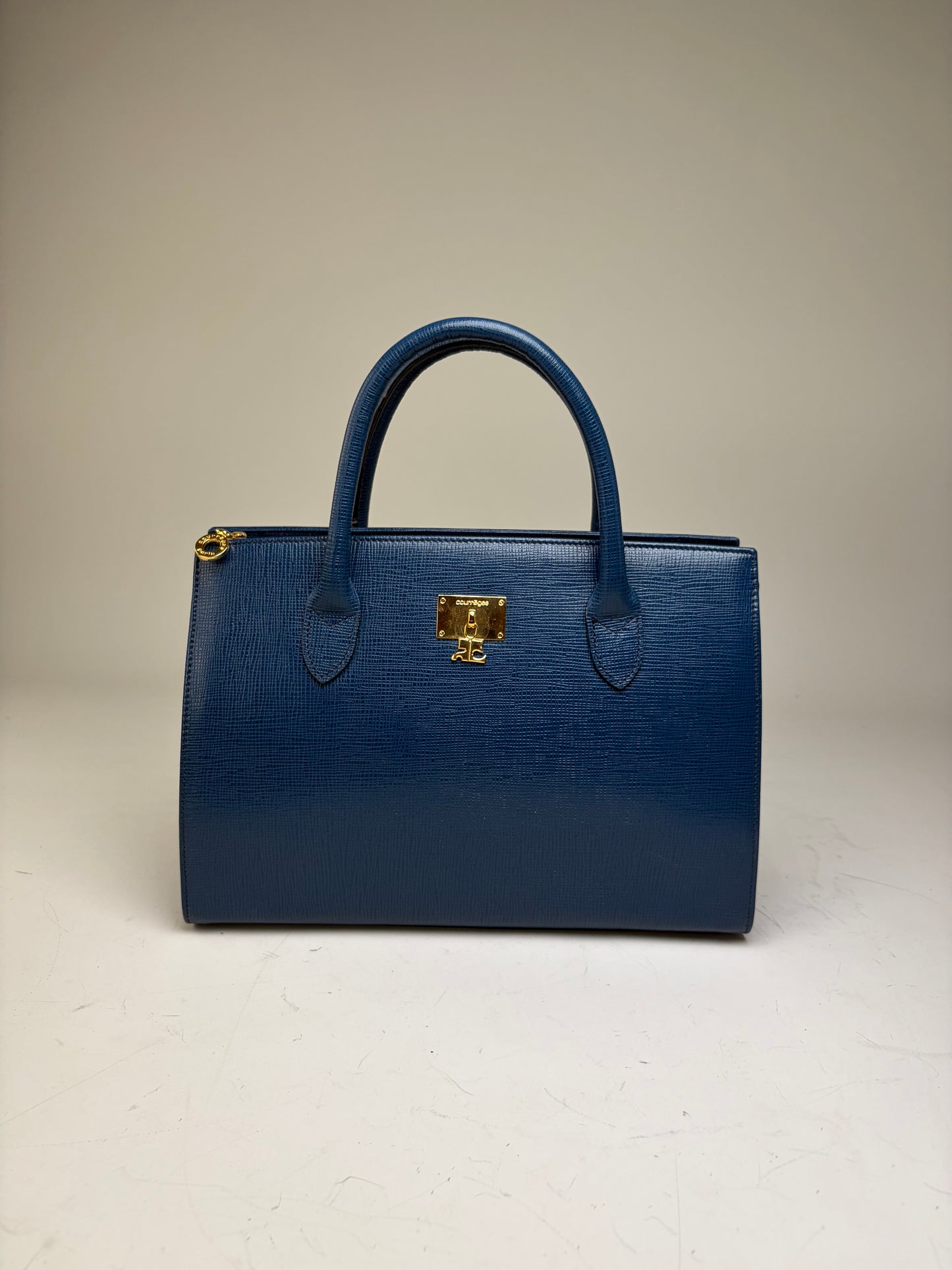 Vintage Courreges Structured Leather Handbag Blue Gold