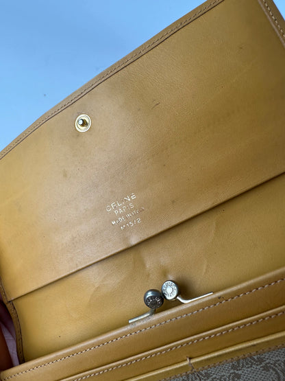 Vintage Celine Canvas Leather Trim Wallet Beige Yellow Gold