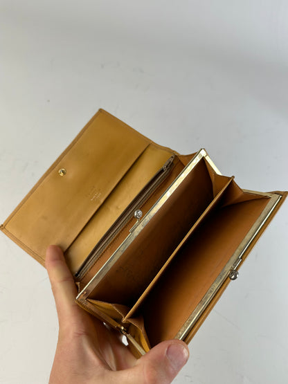 Vintage Celine Canvas Leather Trim Wallet Beige Yellow Gold