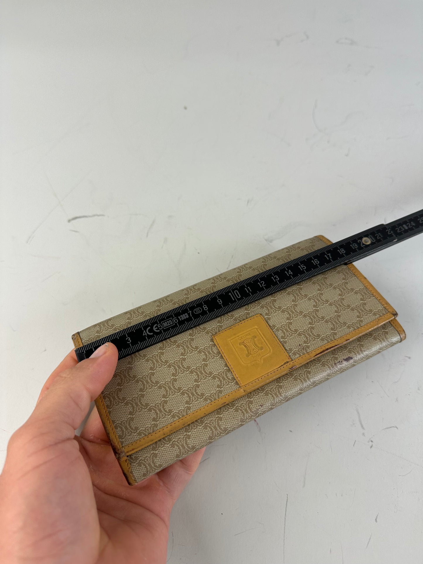 Vintage Celine Canvas Leather Trim Wallet Beige Yellow Gold