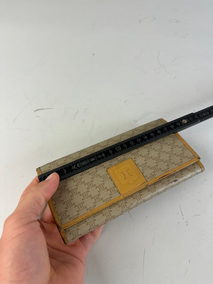 Vintage Celine Canvas Leather Trim Wallet Beige Yellow Gold