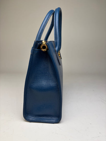 Vintage Courreges Structured Leather Handbag Blue Gold