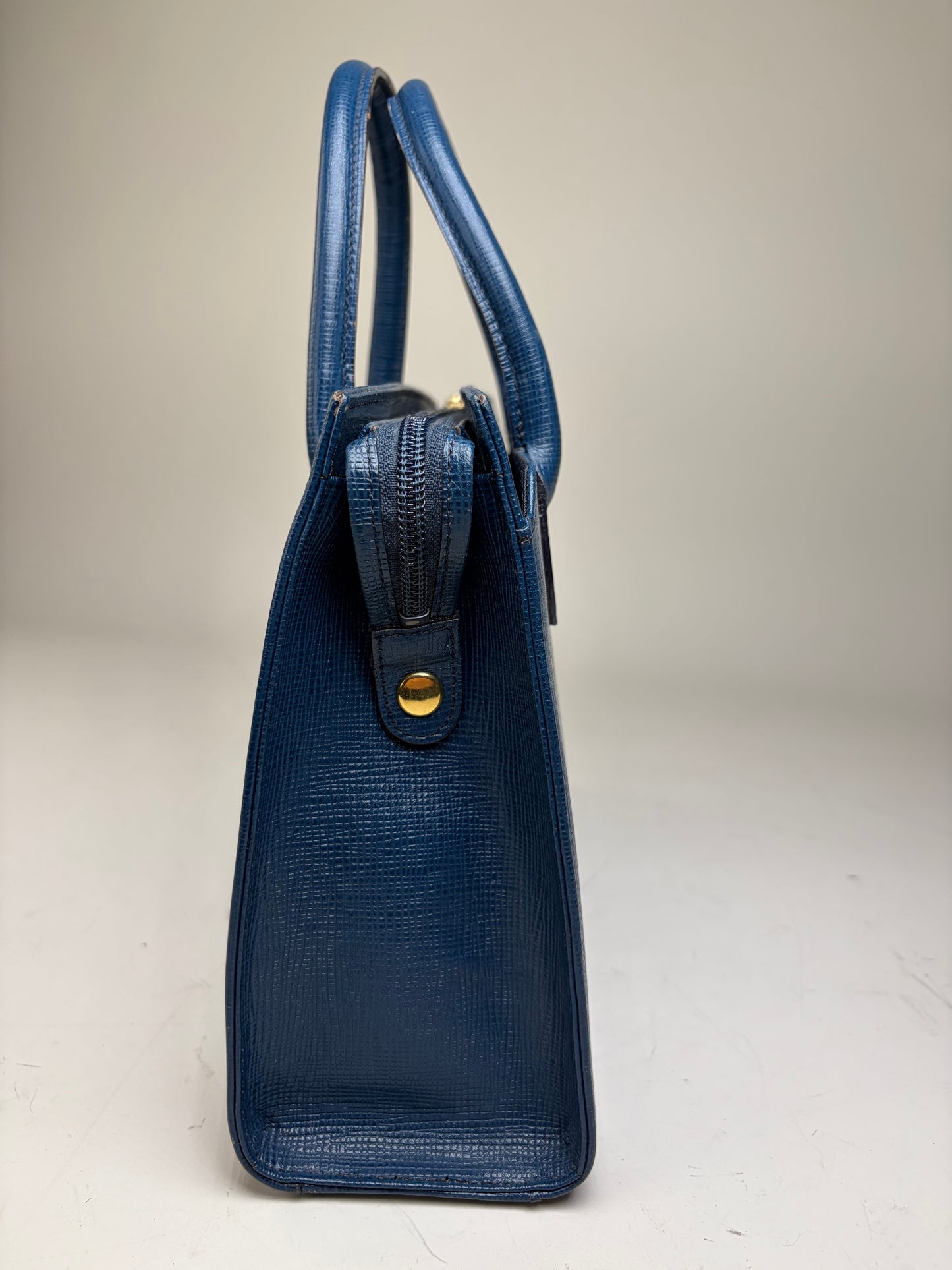 Vintage Courreges Structured Leather Handbag Blue Gold