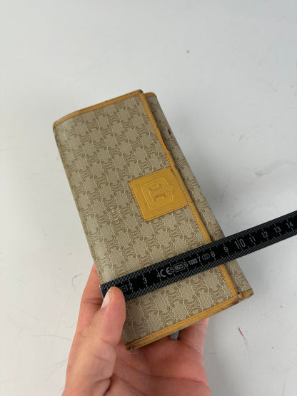 Vintage Celine Canvas Leather Trim Wallet Beige Yellow Gold