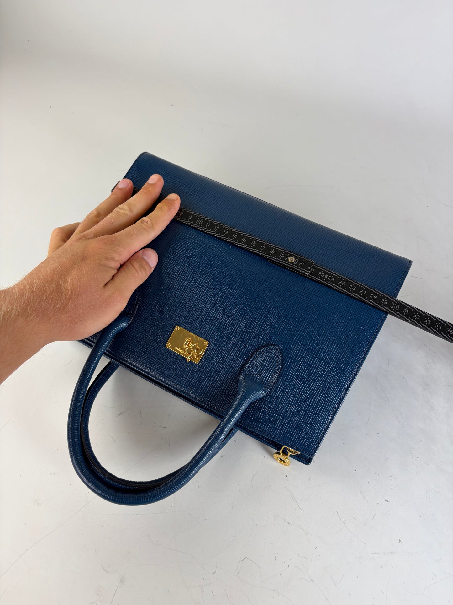 Vintage Courreges Structured Leather Handbag Blue Gold