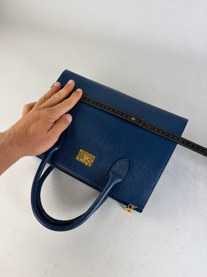 Vintage Courreges Structured Leather Handbag Blue Gold