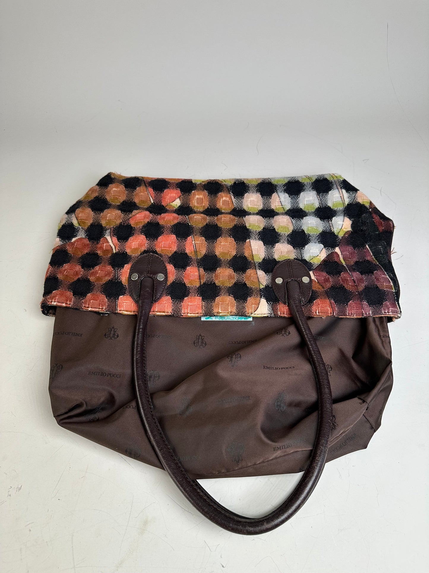 Vintage Pucci Woven Fabric Tote Black Rust Cream Olive
