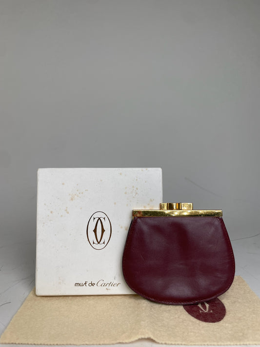Vintage Cartier Leather Coin Purse Burgundy Gold Clasp