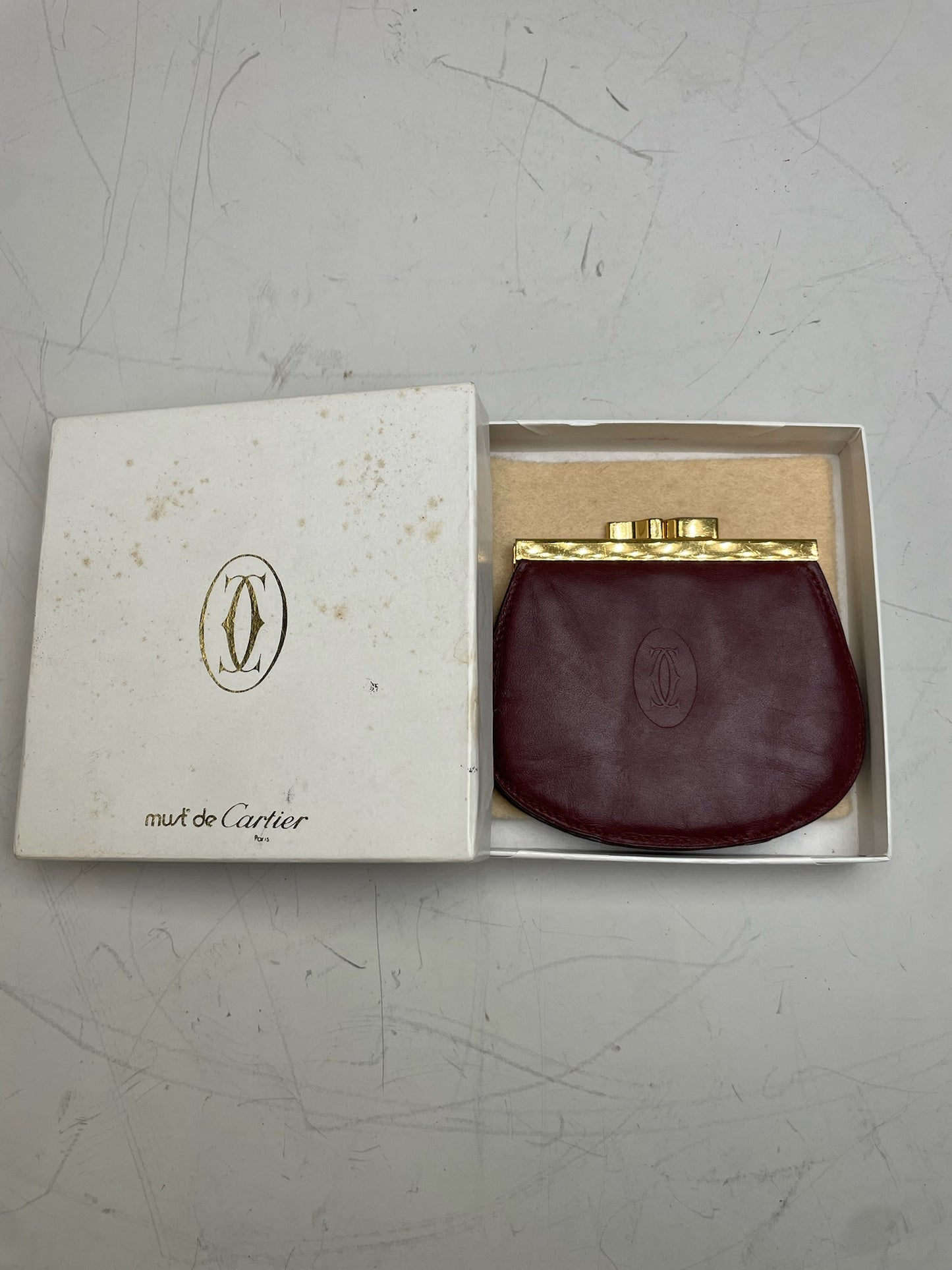 Vintage Cartier Leather Coin Purse Burgundy Gold Clasp