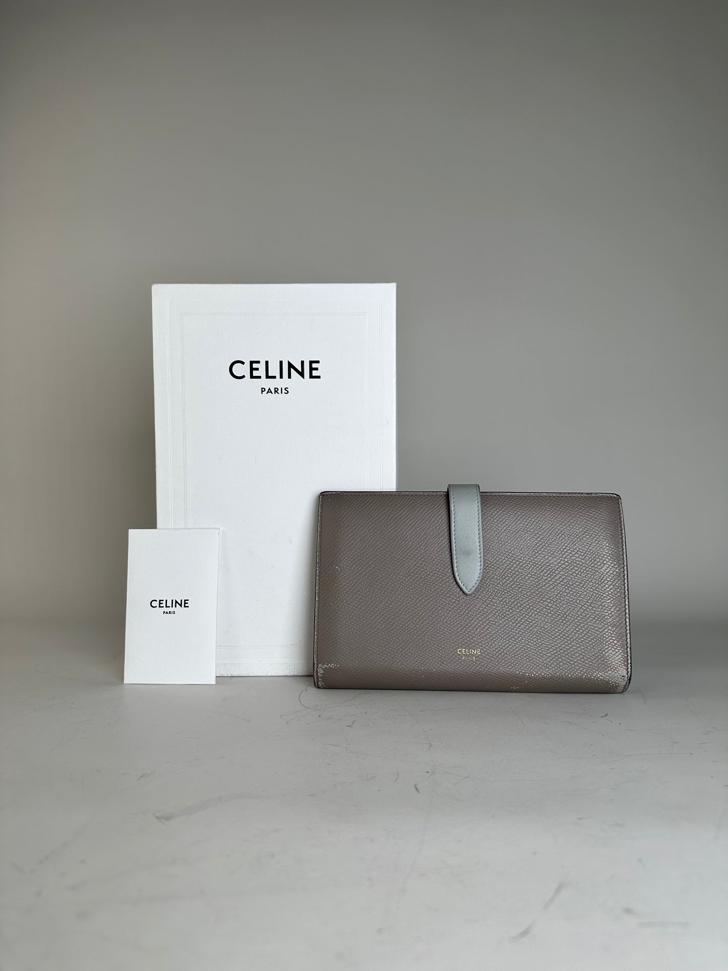 Vintage Celine Textured Leather Wallet Grey Silver