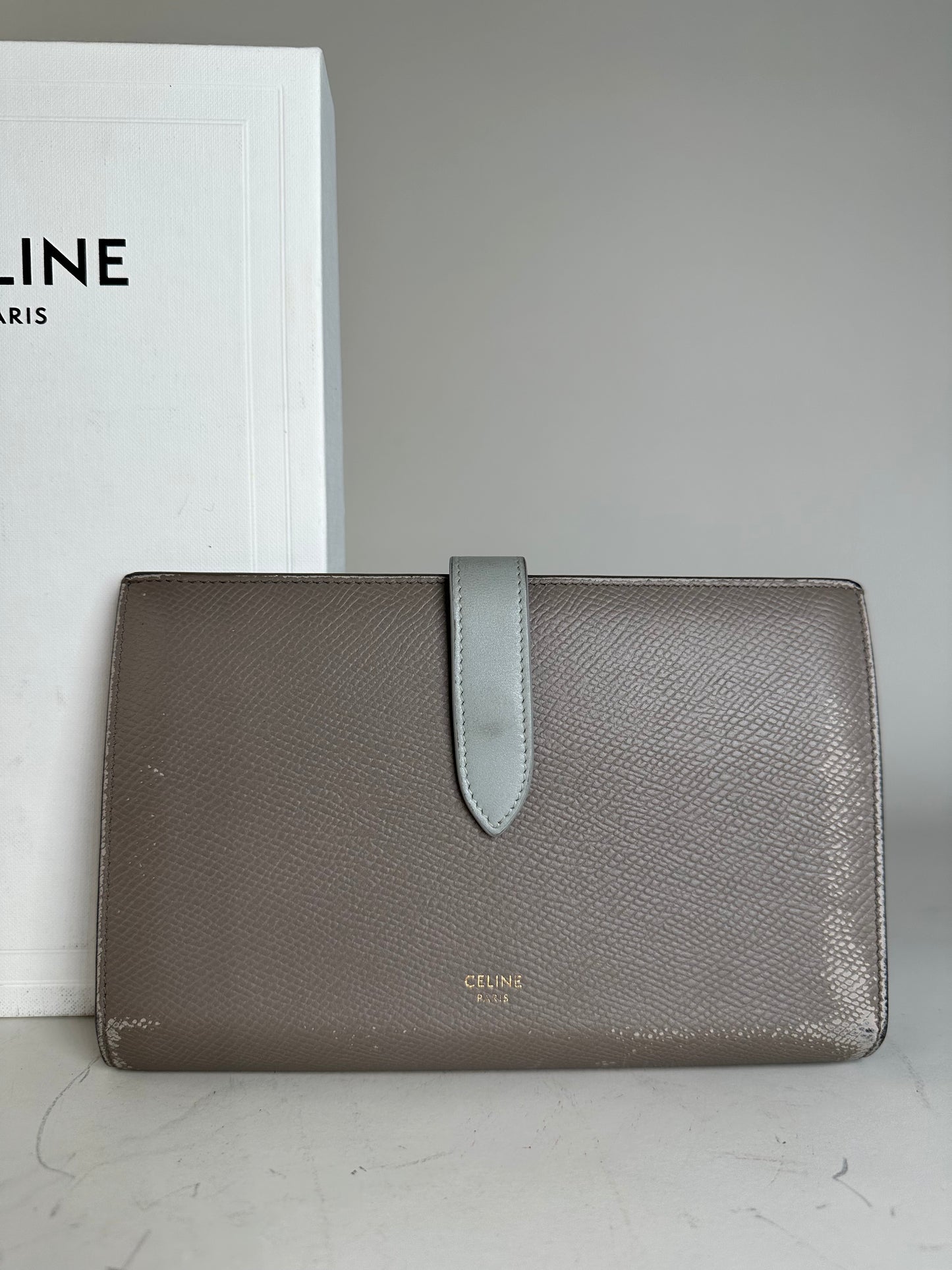 Vintage Celine Textured Leather Wallet Grey Silver