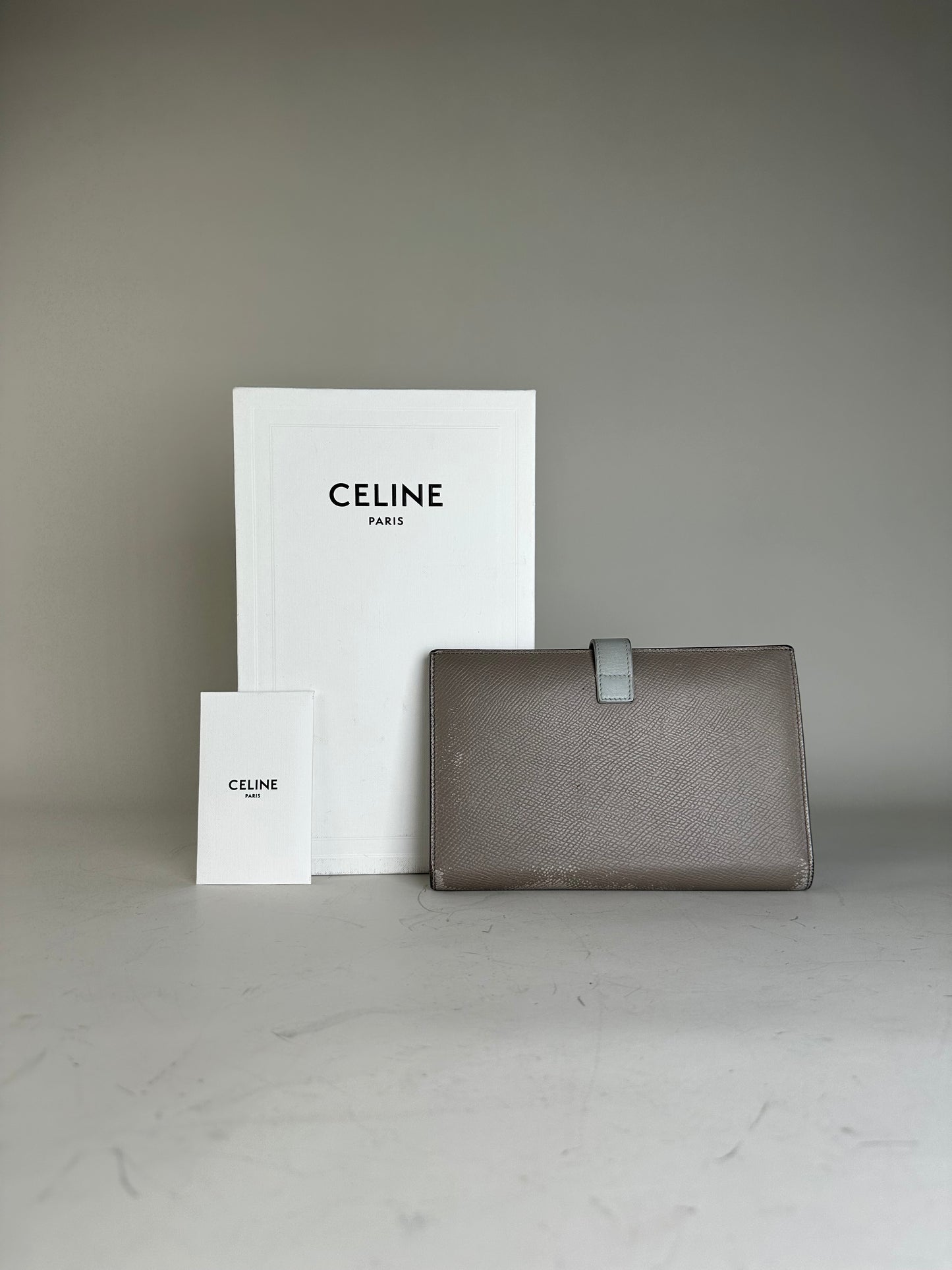 Vintage Celine Textured Leather Wallet Grey Silver